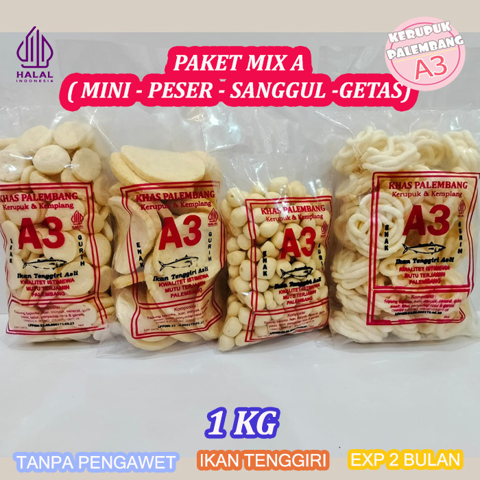 

PAKET MIX A - KERUPUK MINI PESER SANGGUL GETAS KEMPLANG IKAN TENGGIRI 1 KG ASLI PALEMBANG