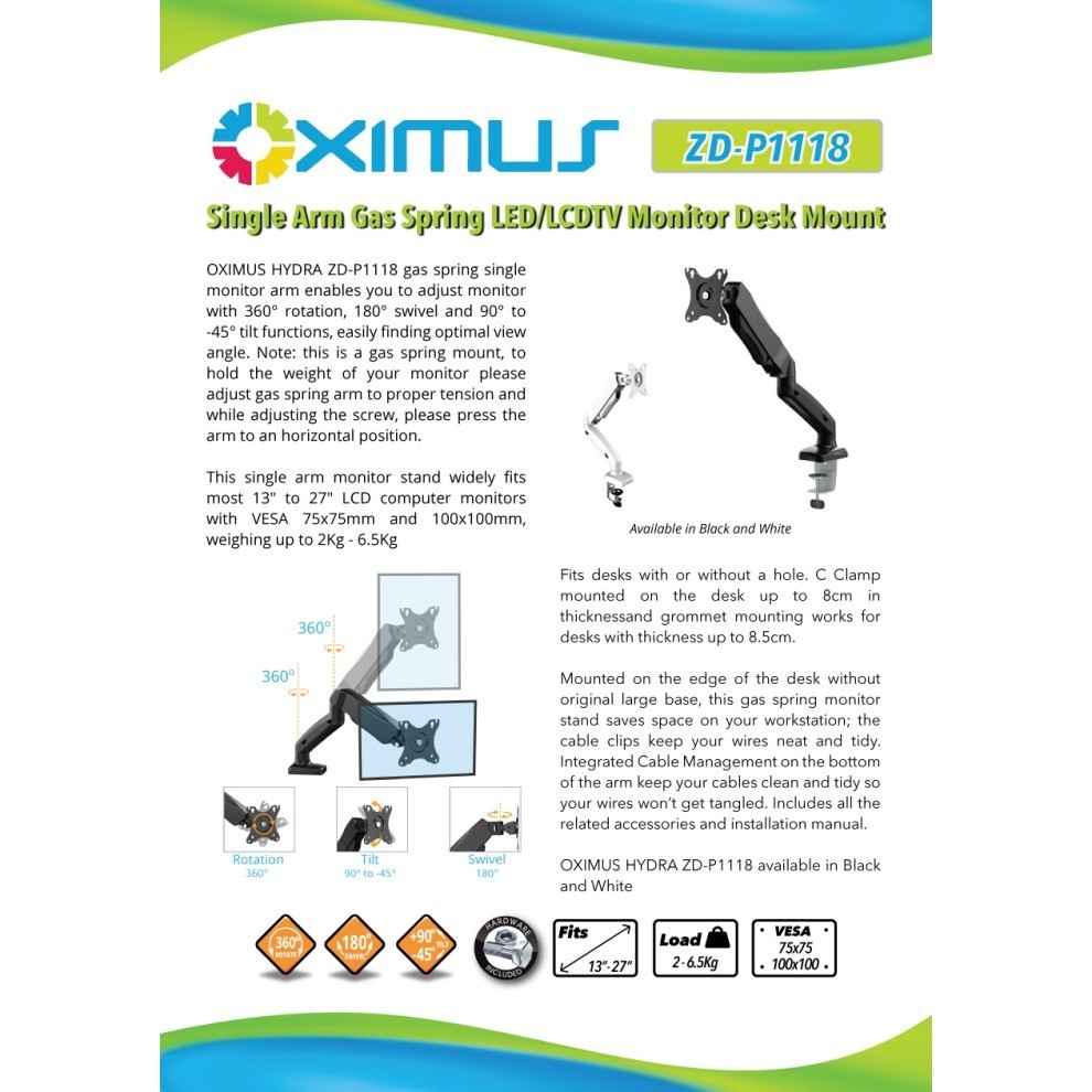 Lin Oximus Hydra Zdp1118 Desk Mount Gas Spring Black / White Bracket Tv