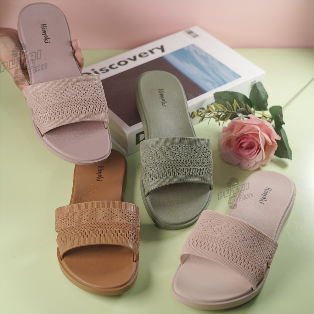Flatshoes Kerja Nyaman // Sandal selop santai harian motif rajut bahan full karet HIMOKI RAJUT