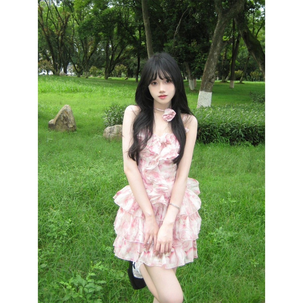 <Crunchy brulee> dress Gaun tali ikat bunga temperamen manis rok ramping baru