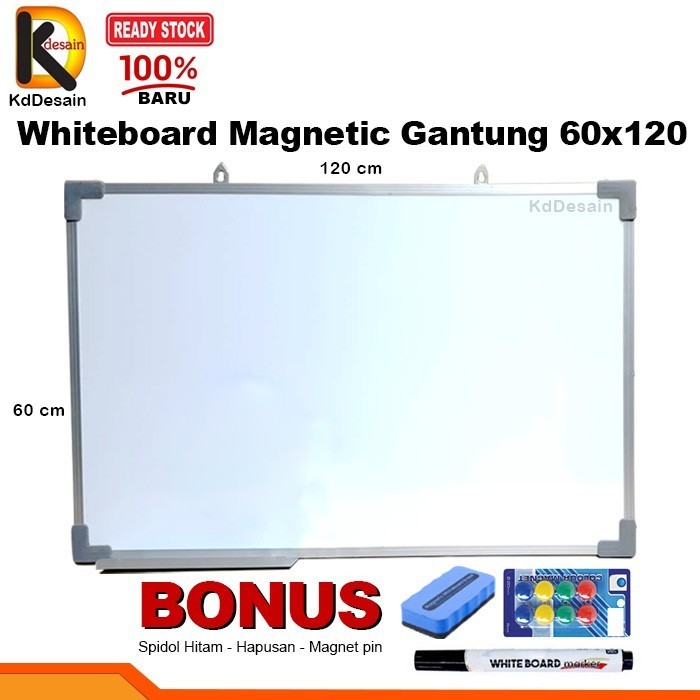 

Whiteboard Magnetic Gantung 60x120 Spidol Hitam Mgnet Hapus