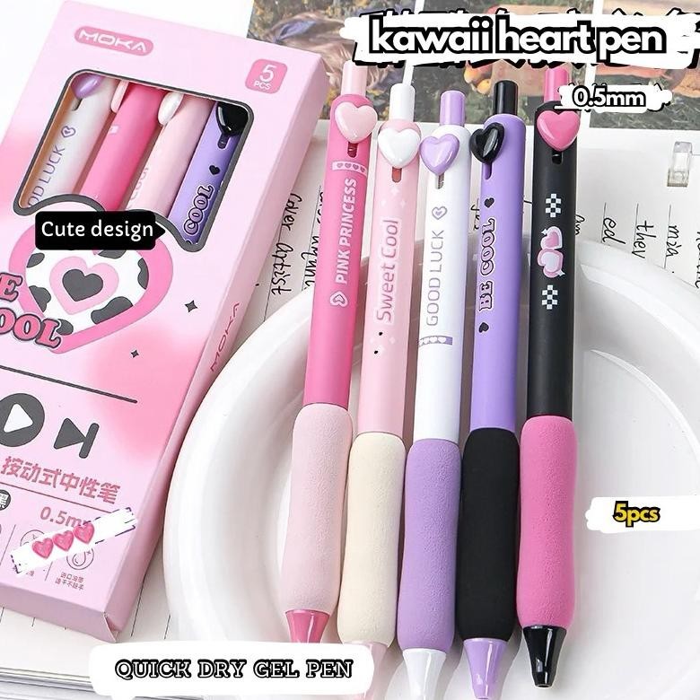 

ad-77 5pcs Set Pulpen Gel Lucu Heart Pen Kawaii Aesthetic Tinta Hitam Sale