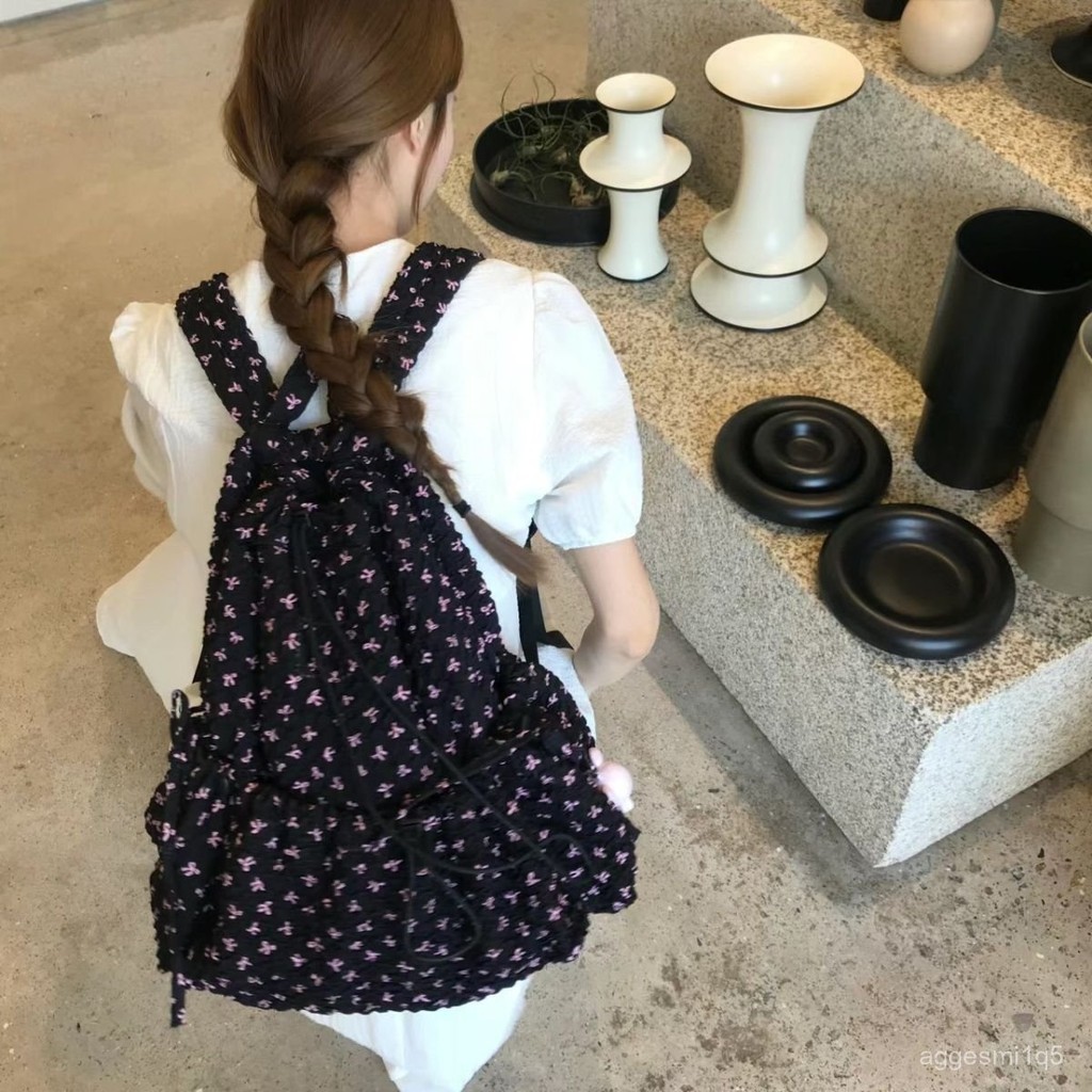 Tas Ransel Bunga Serut Wanita Korean Style Aesthetic Hitam/Tas Sekolah Wanita Floral Kapasitas Besar