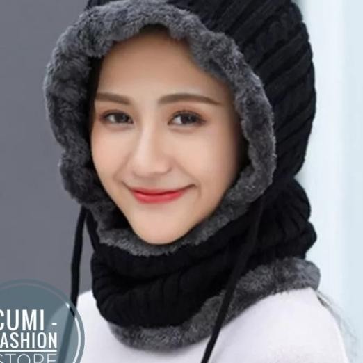 Topi Kupluk Rajut Wanita Musim Dingin Topi Kupluk Woll Hitam