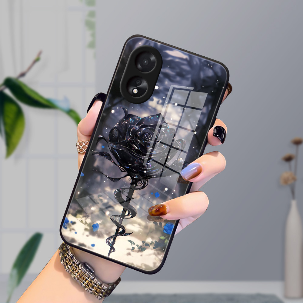 Mawar Hitam Kaca glass Case cesing kesing untuk OPPO A18 A31 A32 A33 A35 A36 A38 A5 2020 A9 A3S A12E