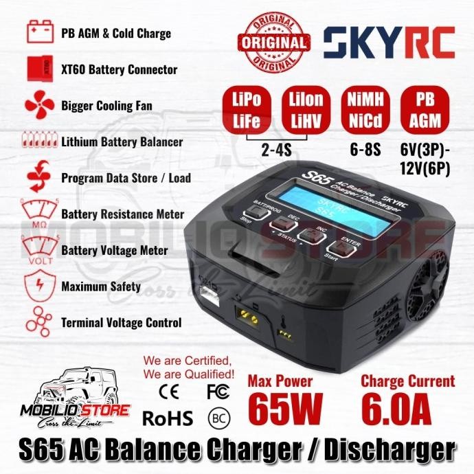 SkyRC S65 AC Balance Charger Discharger 65W 6A LiPo 2-4S NiMh Battery