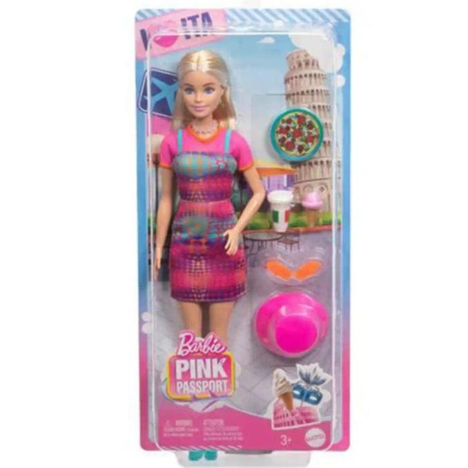 BARBIE PINK PASSPORT ITALY TRAVEL DOLL BLONDE HAIR TOPI PINK 2807T