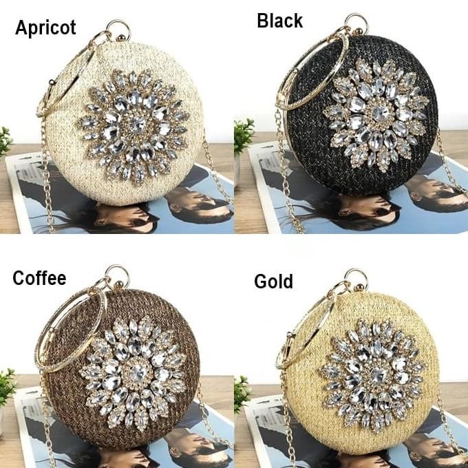 ELEGANT CLUTCH BAG G0096 TAS PESTA BULAT BUNDAR DIAMOND FLOWER BUNGA