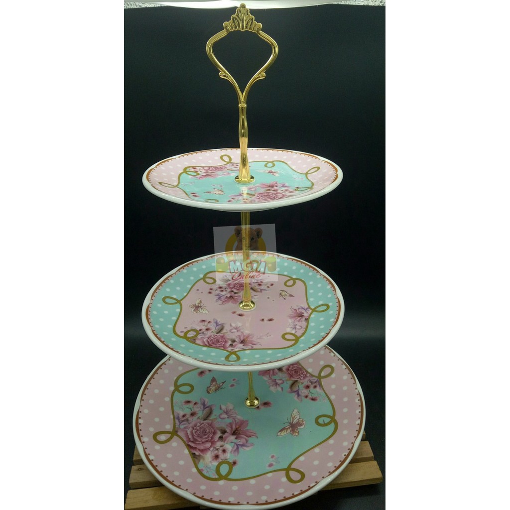 Keramik Piring Susun 3 Utk Tempat Buah/ Kue / Permen Shabby Gold 2399