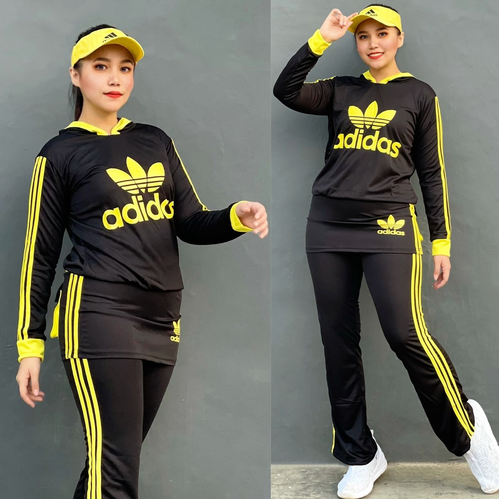 Baju Senam Setelan Aerobic Zumba Gym Fitness Outdoor Olahraga Panjang Muslim Sablon Rok Hitam Kuning