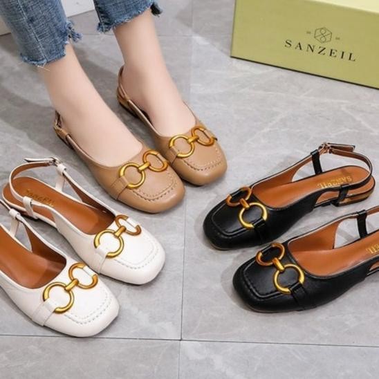 Sandal Flat Shoes Wanita Teplek Anti Licin Kulit Tali Belakang Branded