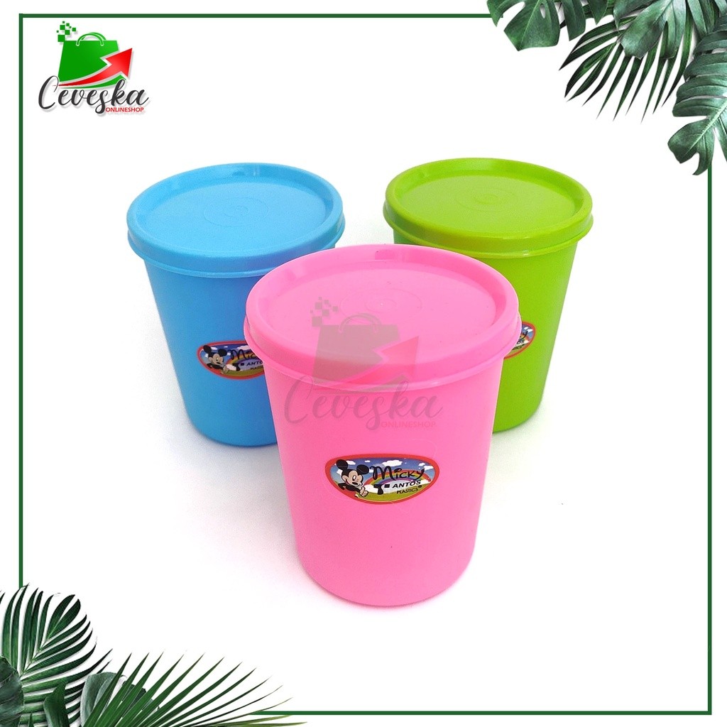 GELAS PLASTIK TUTUP MICKEY MOUSE TUPPERWARE BOTOL MINUM KEMPIS ANTI BOCOR