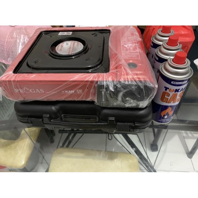 Kompor portable progas + pemanggang daging + 3tabung gas