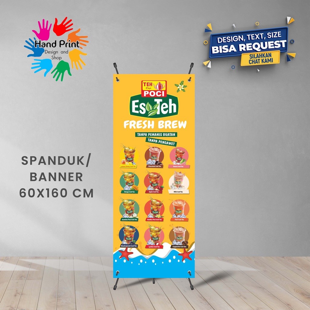 Spanduk Banner Es Teh Poci Varian Rasa Warna Oren Minuman Segar Ukuran 60x160 Cm