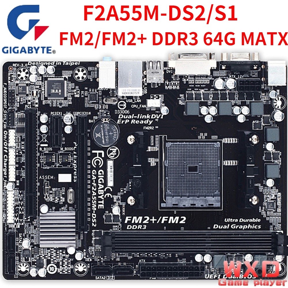 Gigabyte Bekas GA-F2A55M-DS2 Motherboard Desktop Bekas Asli F2A55M-DS2 A55 A58Socket FM2 64G DDR3 SA