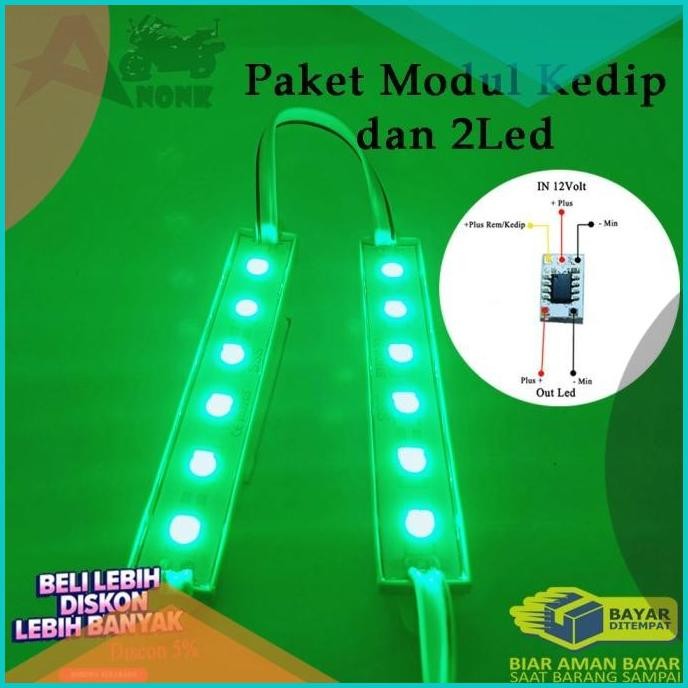PAKET. 2pc Lampu Led 6 Mata Strip SMD 12V + Modul Strobo F1 -HIJAU 8