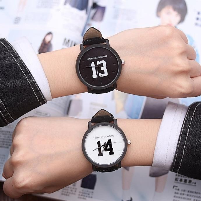 Jam Tangan Nomor 13 & 14 Pasangan Jam Tangan Fashion Hitam Kulit Quartz Jam Tangan Wanita Pria