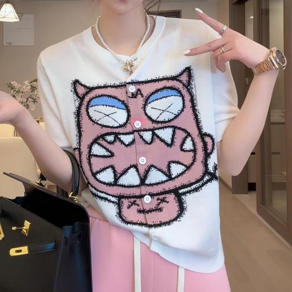 Baju Atasan Anak Perempuan Ukuran Besar Wanita Kardigan Rajutan Leher Bulat Kartun Wanita Terlihat L