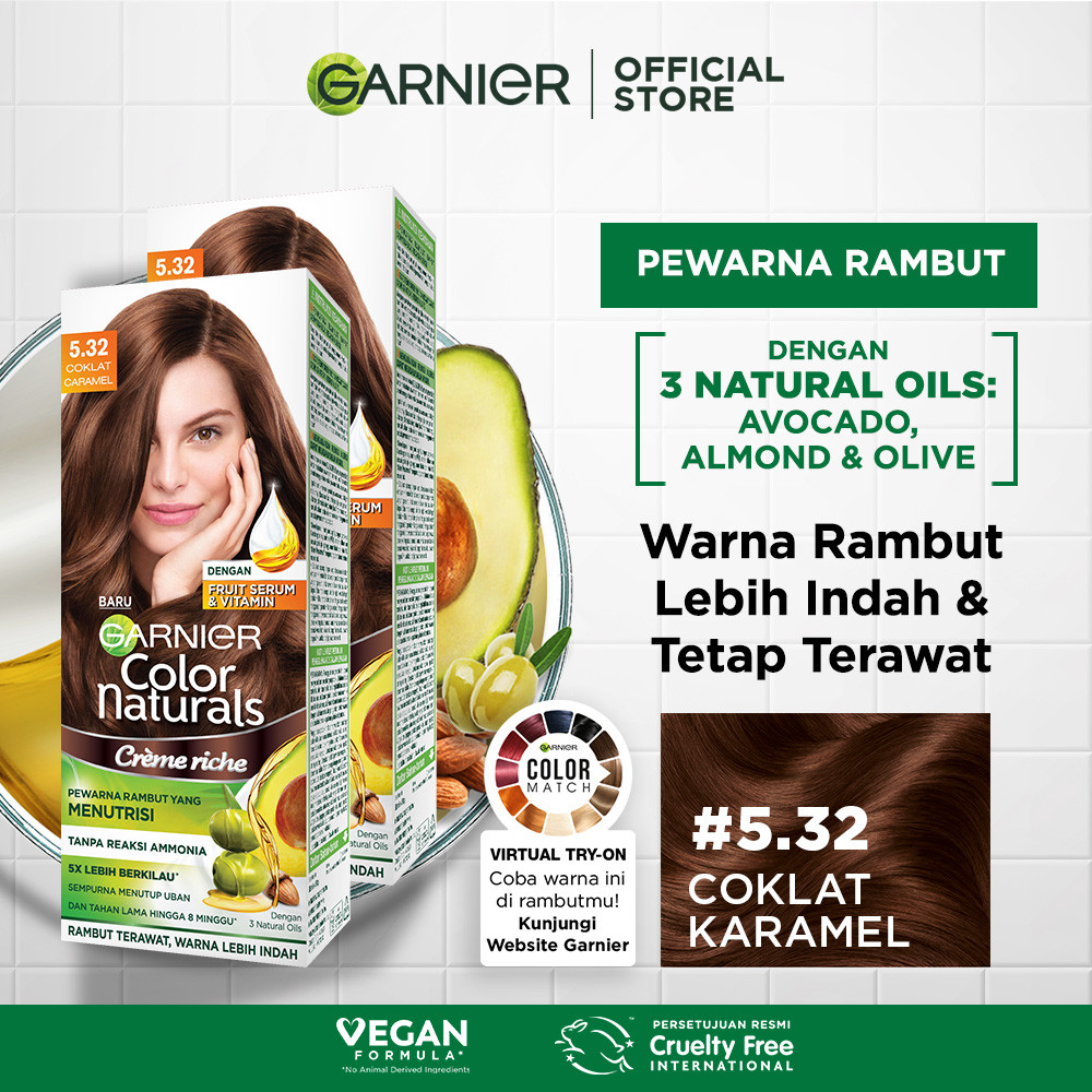 Garnier Color Naturals Hair Color - 5.32 Coklat Caramel (Cat / Pewarna Rambut Permanent) - Twinpack