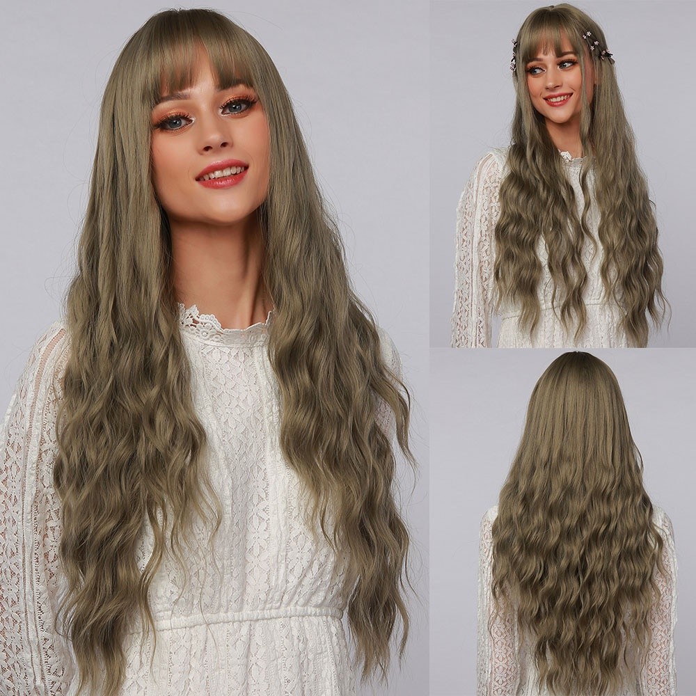 Wig Sintetis Hijau Muda Bergelombang Panjang dengan Wig Poni untuk Wanita Wig Ungu Cosplay Harian Se