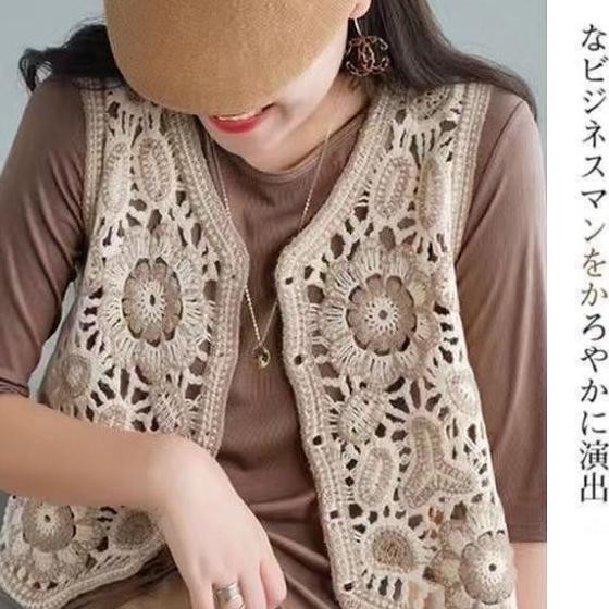 Vest Rompi Rajut Crochet Bunga Putih Gading Krem U Korea