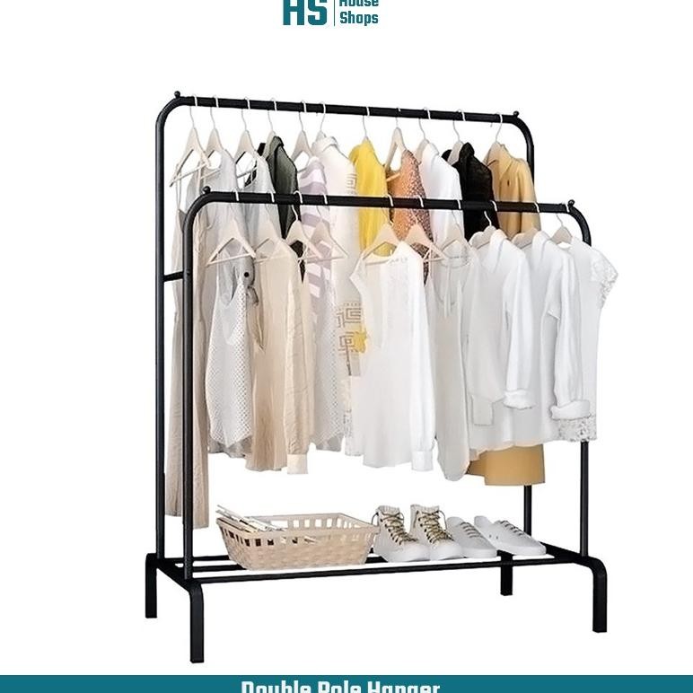 Cuci Gudang Double Stand Hanger Rak Gantungan Baju Aesthetic Gantungan Portable Baju Hanger Besi Gra