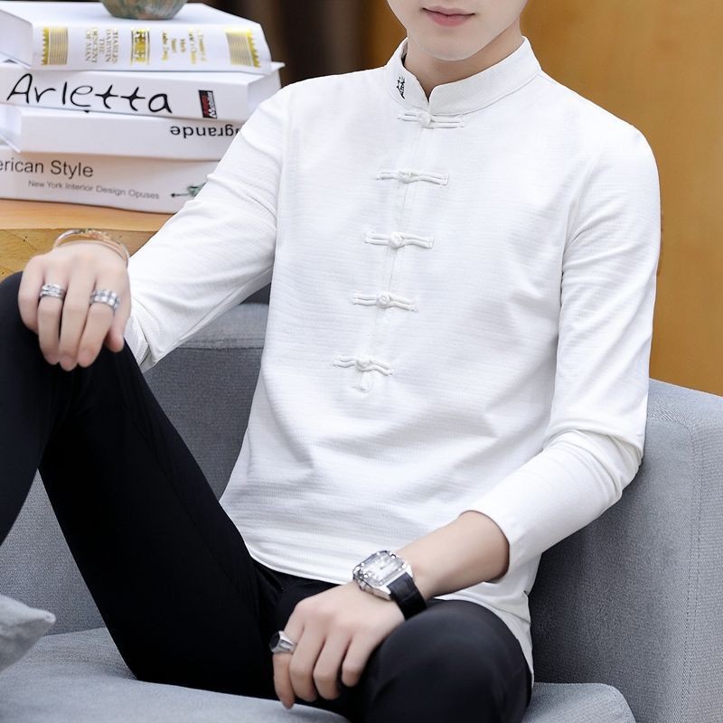 Kaos katun dan linen lengan panjang pria Tang / gesper retro gaya Cina kerah berdiri tushan