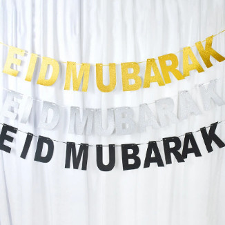 Banner Idul Fitri EID Mubarak. Eid Mubarak Gold Black Banner Bunting Garland.