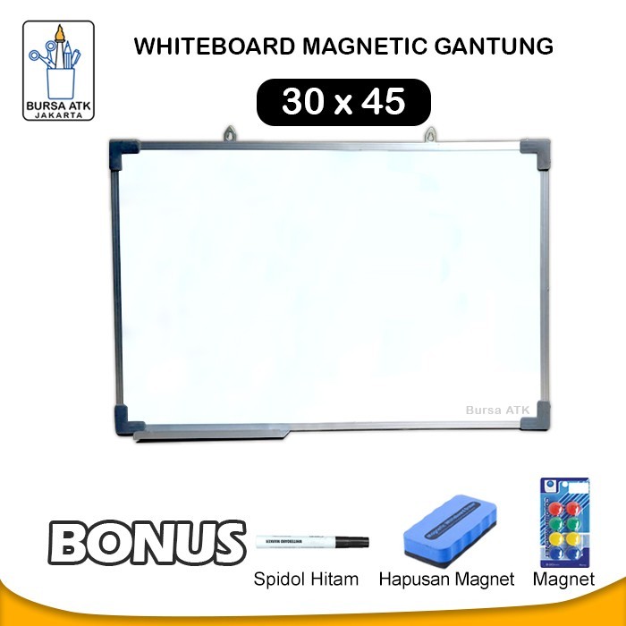 

Ready Whiteboard Magnetic Gantung 30 x 45 Spidol HTM, Magnet, Hapusan