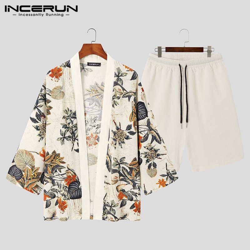 Incerun Men Cotton Longgar Lengan Panjang Cardigan+Shorts Vintage Printed Casual Set |CECBFEC8|