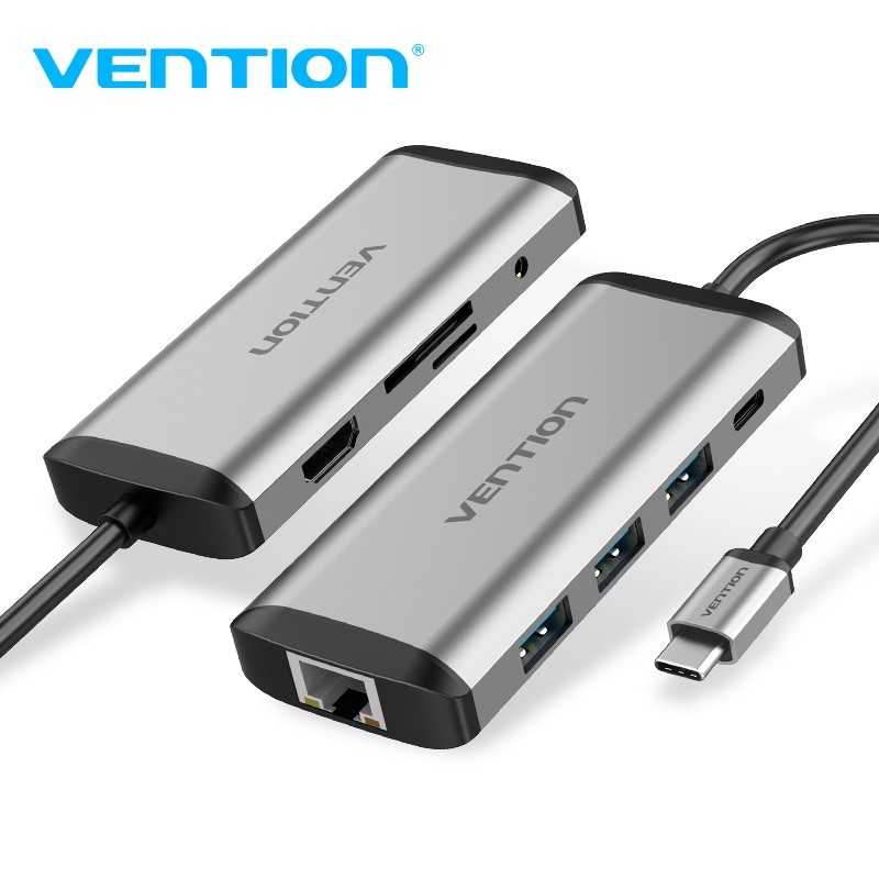 Vention USB C Hub 9 in 1 Tipe C ke HDMI USB A Hub A dengan port audio 5Gbps RJ45 USB 3.0 3.5mm SD TF