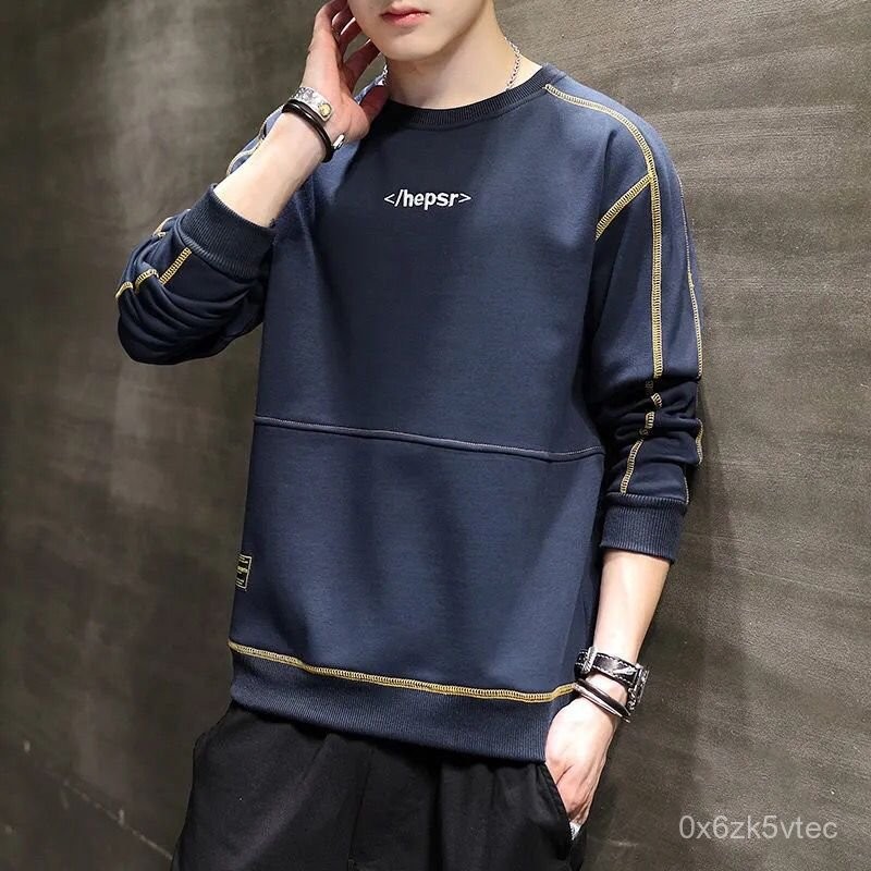 Sweater Pria Lengan Panjang, Sweater Lengan Panjang, Pullover Leher Bulat, Longgar, Kasual, Gaya Kor