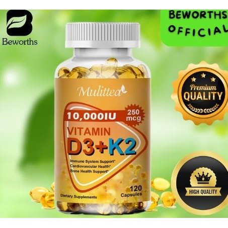 Mulittea 120pcs USA Vitamin D3 dengan vitamin K2 (mk7) Softgel untuk Meningkatkan Penyerapan Kalsium