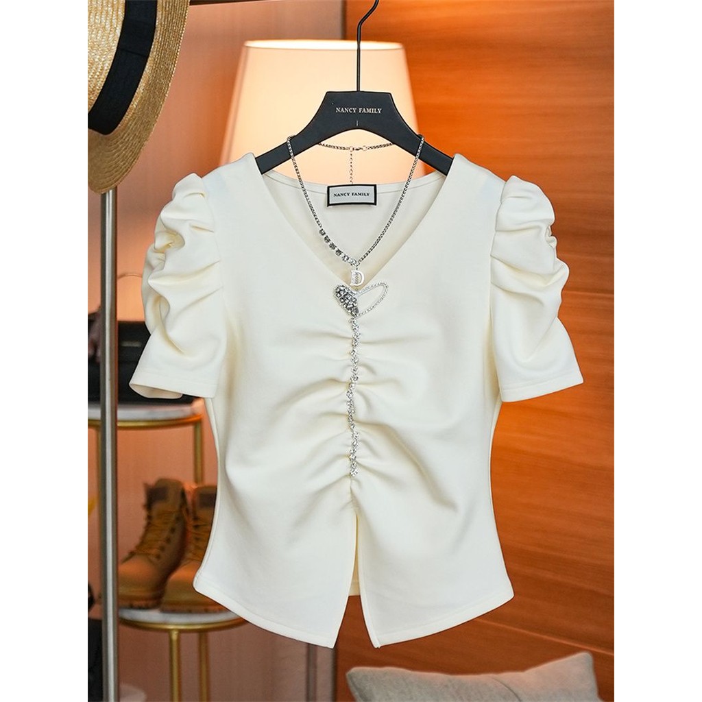 Diamond Puff Sleeve Shirt/Women's 2024 New Fashion Short Sleeve T-shirt