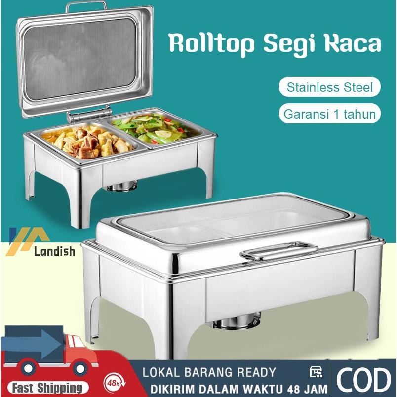 Prasmanan Jumbo 2 Sekat Rolltop Segi Kaca Catering 12L Stainless Steel Chafing Dish Pemanas Bulat pr