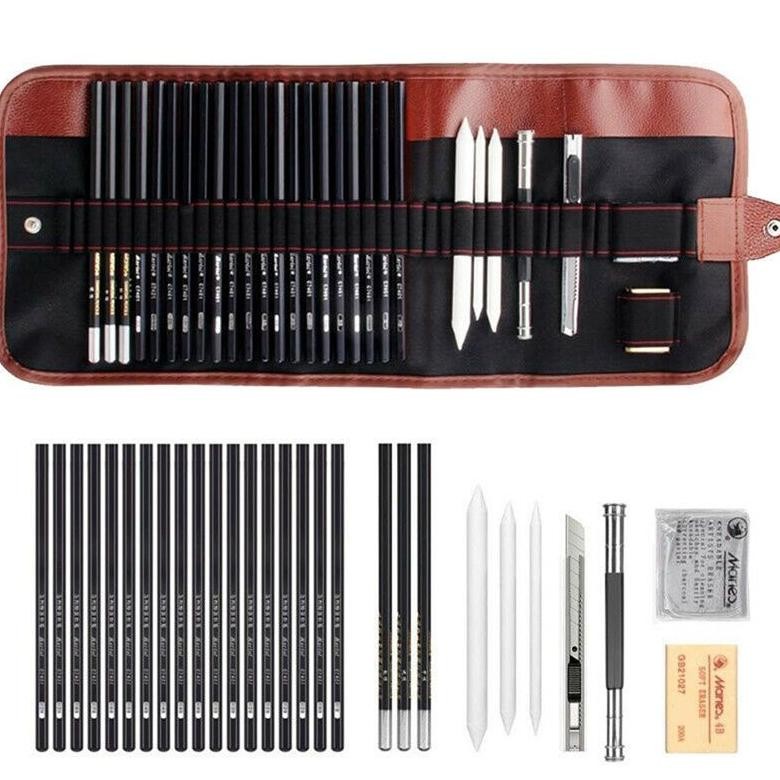 

er-6 Set 29pcs Sketch Pencil Set Pensil Gambar Sketsa Drawing Pencil Set Dengan Pouch Serut Viral