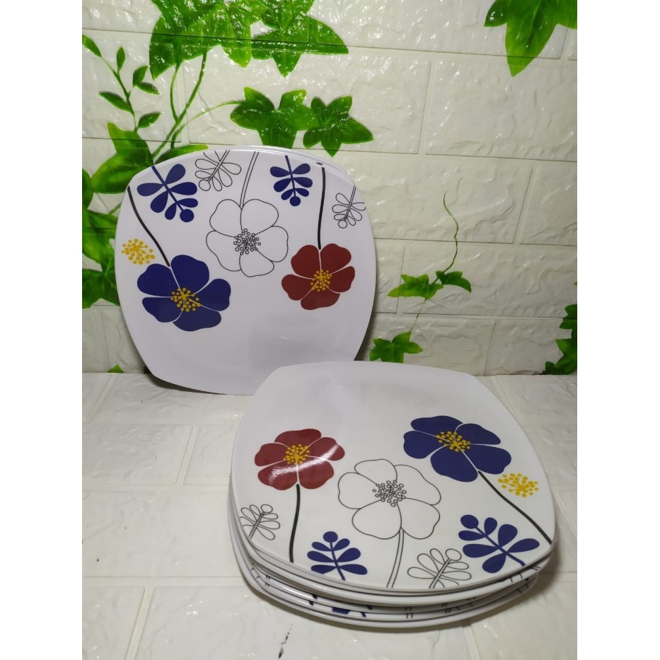 Haehae 1 Lusin Piring Saji / Makan Melamin Persegi Motif Bunga Singa Singi
