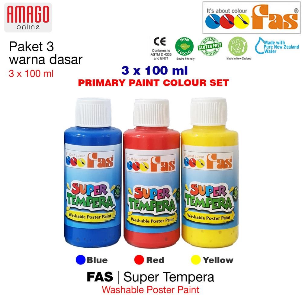 

KU09 FAS Super Tempera Primary Colour Set - Cat Lukis Sekolah - Paket 3 Warna dasar Yellow Blue Red 3x100 ml Viral