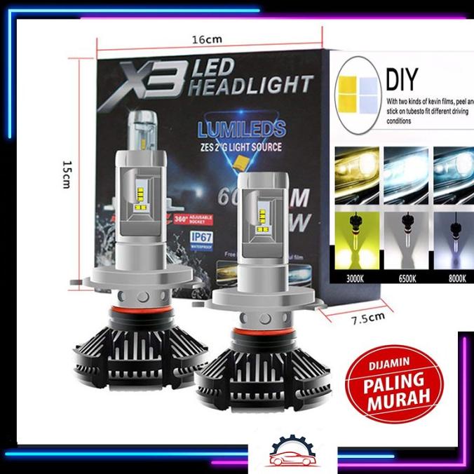 Lampu LED Mobil X3 H4 H11 Headlamp Lampu Utama Bisa 3 Warna