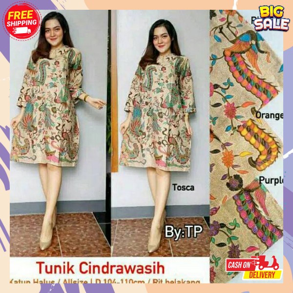 Dress Batk Size M,L,Xl Pakaian Batuk Perempuan Driss Motif Bstik Lengan Panjang Pendek Dres Wanita F