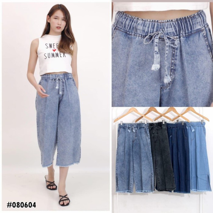 Manchu Celana Pendek 7/8 Kulot Boyfriend Jeans Wanita Rumbai Pinggang Karet