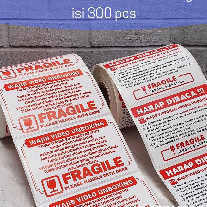 

(S☎P/W❣] Label Sticker FRAGILE Wajib Video Unboxing Stiker Perhatian Online Shop 80x50 isi 300 pcs -murahh..