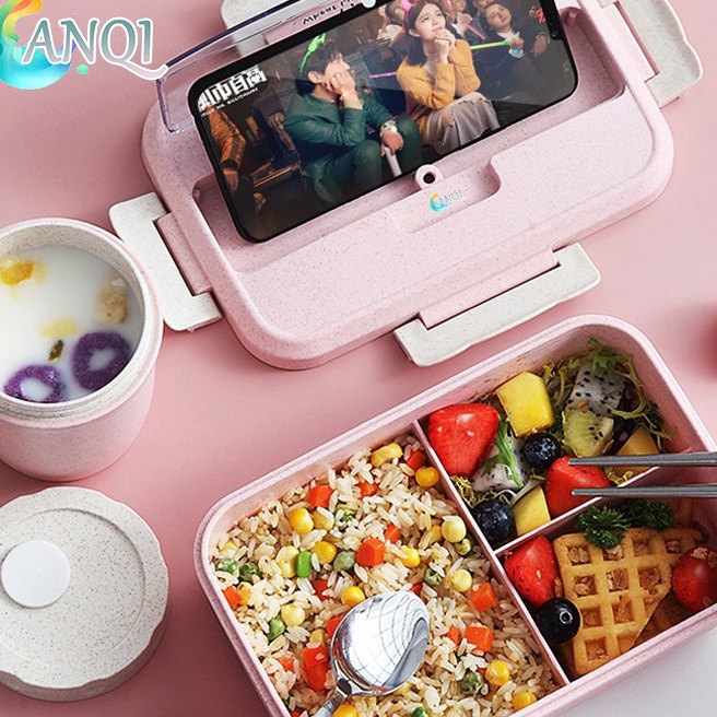 (S-S❦❦N> ANQI SHOPlunch box 3 Warna PP Jerami Gandum 1000 ml Lunch Box With Free Sendok BPA /VS/ sup