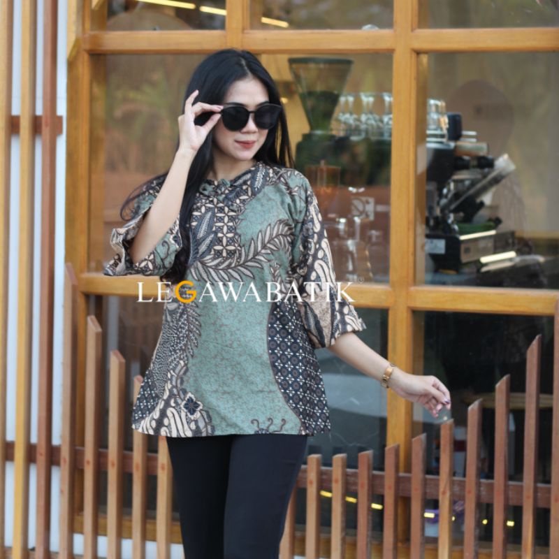 BAJU BATIK ATASAN WANITA BLUS KATE SAGE SERAGAM BATIK KANTOR LENGAN TROMPET TALI PINGGANG KANAN KIRI