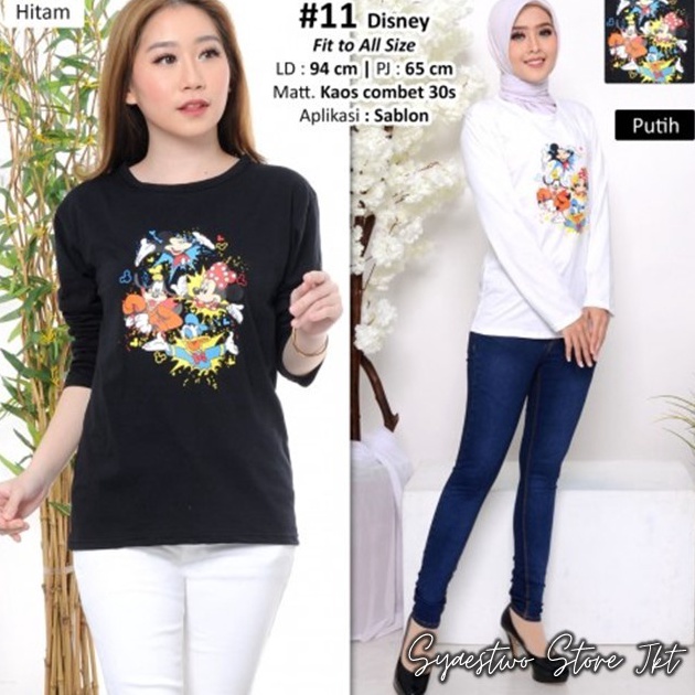 Hot Kaos Wanita Cewek Remaja Lengan Panjang Terbaru Sablon Disney - Putih