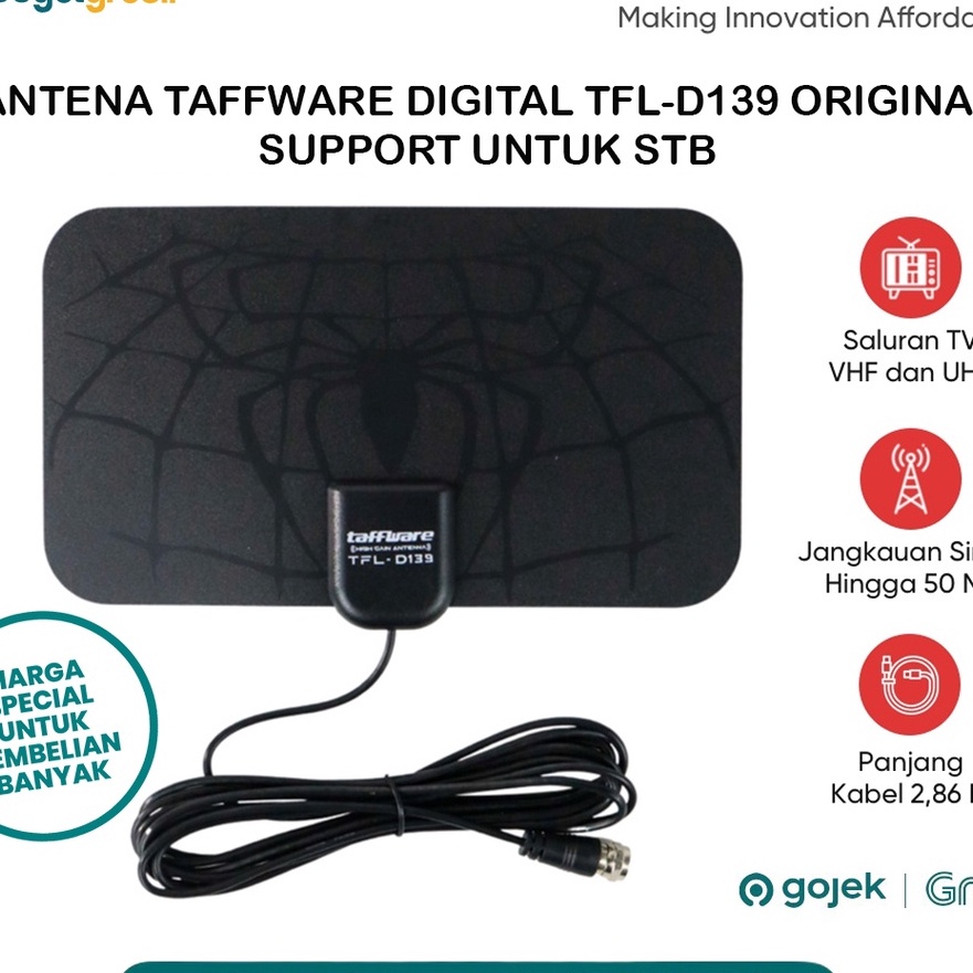 [㊛ O☆QP) Antena TV Digital Taffware TFL D139 Booster Original STB High Gain 25-dB Indoor Kabel 3 Meter VHF UHF Channel Support Set Top Box Universal- kekiniian.