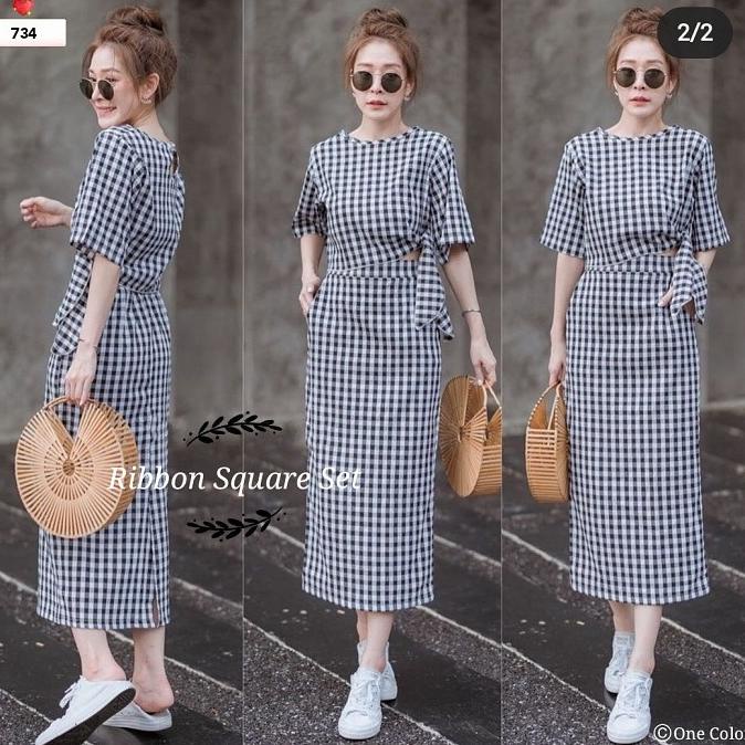 setelan rok Korean Style/Ribbon Square Set/Setelan kotak wanita 734#