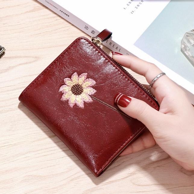 DOMPET WANITA KULIT MERAH LIPAT BUNGA IMPORT PREMIUM PAILLY WA049R1