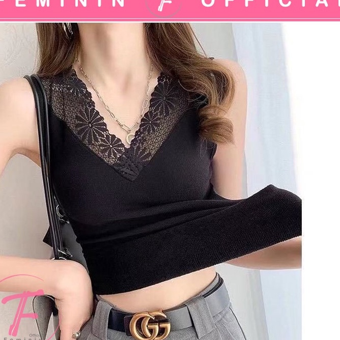 Terlaris Feminin Tanktop Wanita Import with Cup Bra Model Renda Panjang.