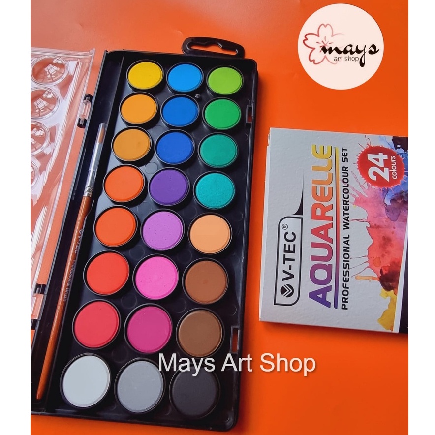 

(B15I ✯») V-Tec Solid Watercolor Aquarelle Set Paint - Cat Air Padat Isi 12 24 36 Warna Terang Vtec 23 mm - Cat Lukis Watercolour Mini Acquerelli Color Colour Colors Set Kuas - langsung.kiriim..